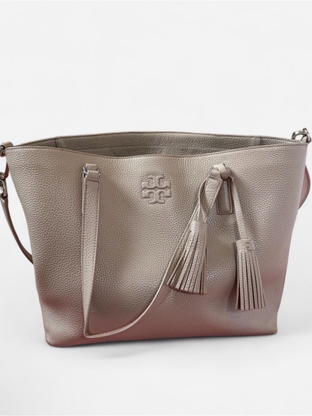 Tory Burch Metallic Taupe Pebbled Leather Tote with Tassels